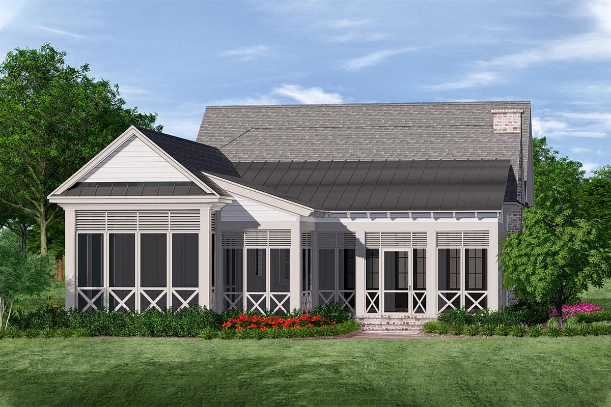 House plan exterior with gable, screened porches, and metal roof. Modern Farmhouse style.