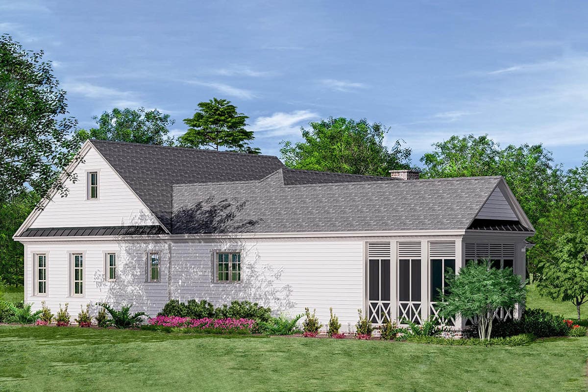 House plan exterior of a one-story home with a prominent gable, a screened porch with decorative X-bracing, and double front doors.