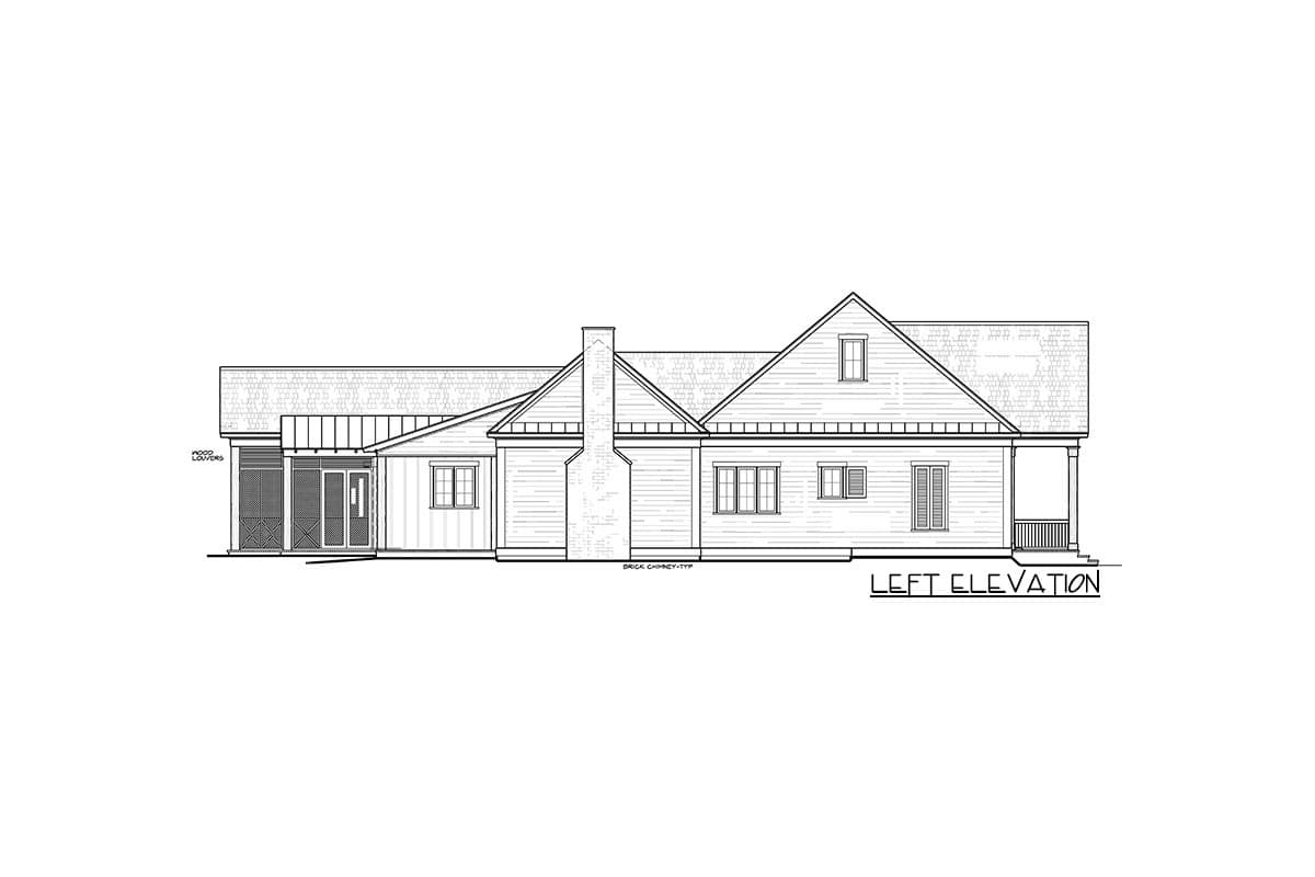 Left elevation house plan showing a 1.5-story structure with wood louvers, brick chimney, and a front porch.