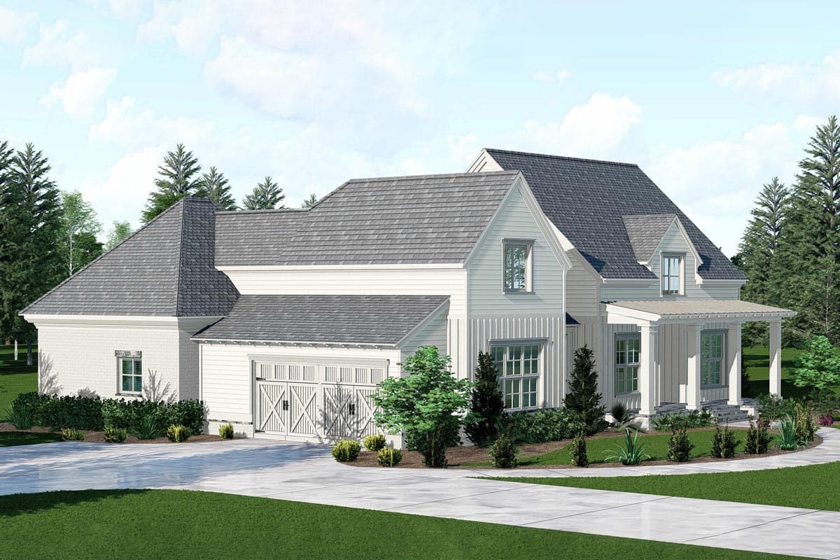 House plan exterior: Two-story Modern Farmhouse with side-entry garage, gabled dormers, and covered front porch.