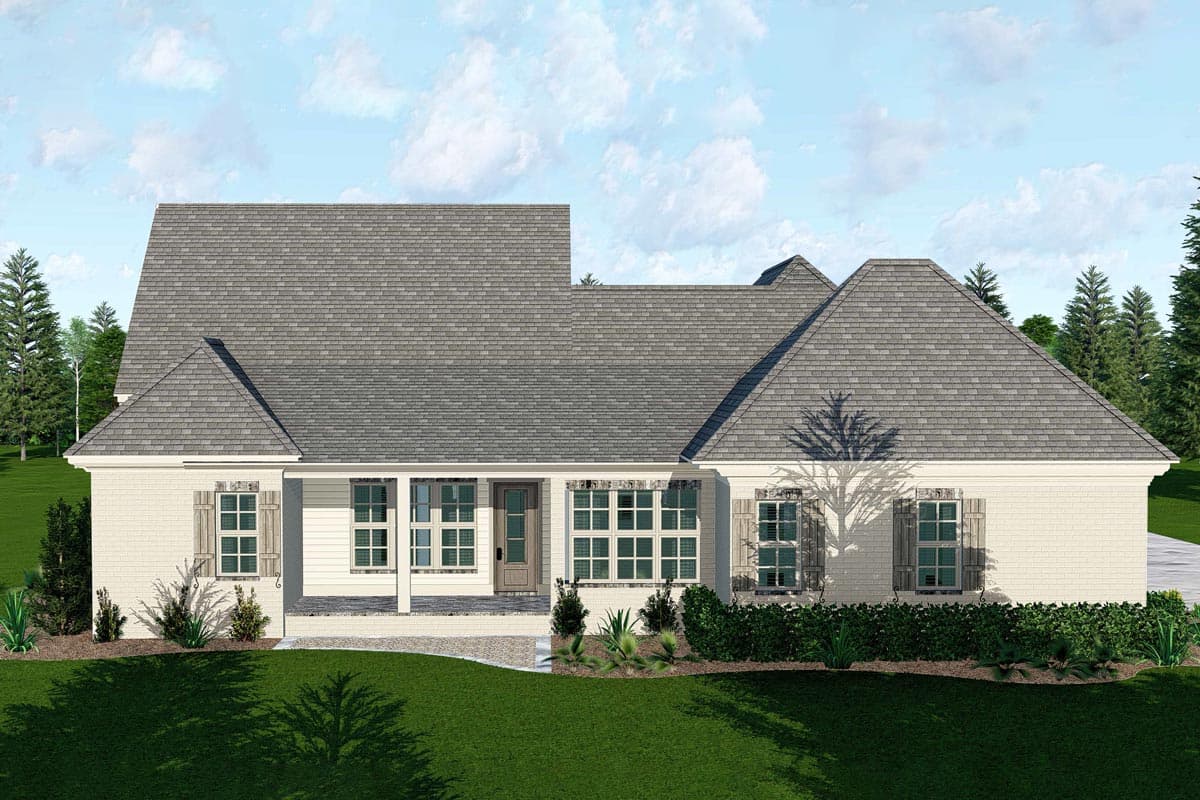 House plan exterior of a one-story home with a covered porch, multiple gables, and brick facade.