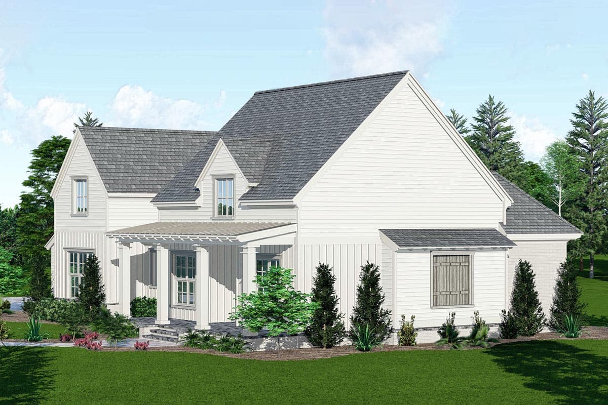 House plan exterior: Modern Farmhouse style with board and batten siding, covered porch, gables, and dormers.