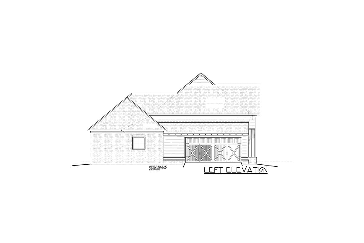 Left elevation house plan showing a brick section, horizontal siding, gables, and a multi-door garage with X-paneled doors.