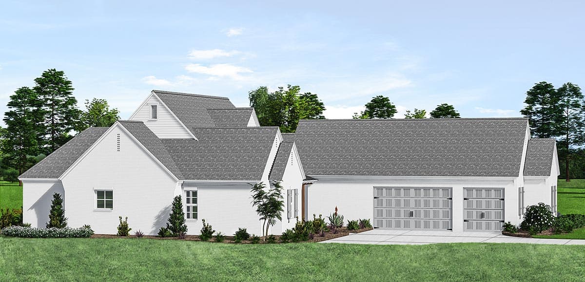 House plan exterior: White brick, gabled rooflines, dormer, and attached two-car garage with decorative doors.