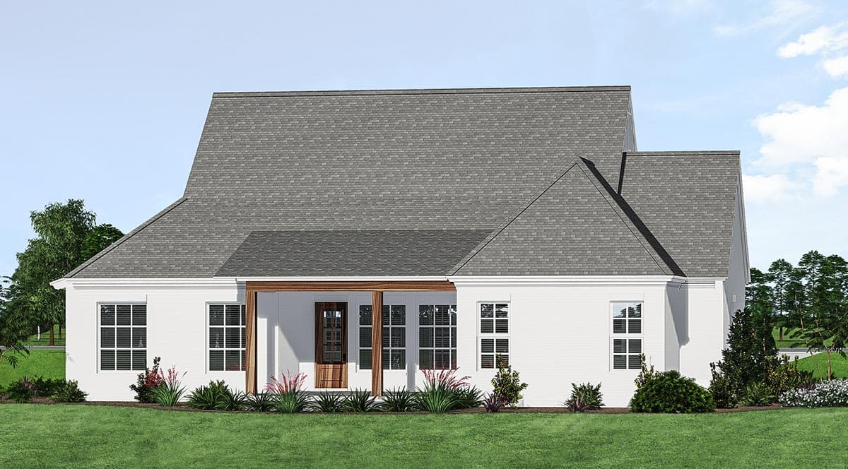 House plan exterior: Single-story Modern Farmhouse with a covered entry, gabled roof, and white brick.