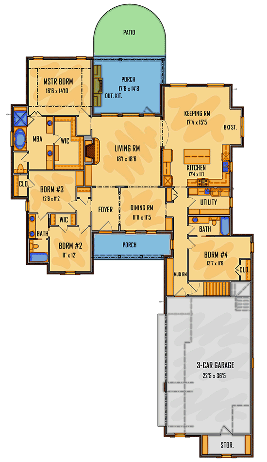 Plan 510067WDY: Gorgeous 4-Bed Acadian House Plan with Bonus Room Above Garage - Floor Plan - Main Level - Acadian, French Country, Louisiana-Style, Southern