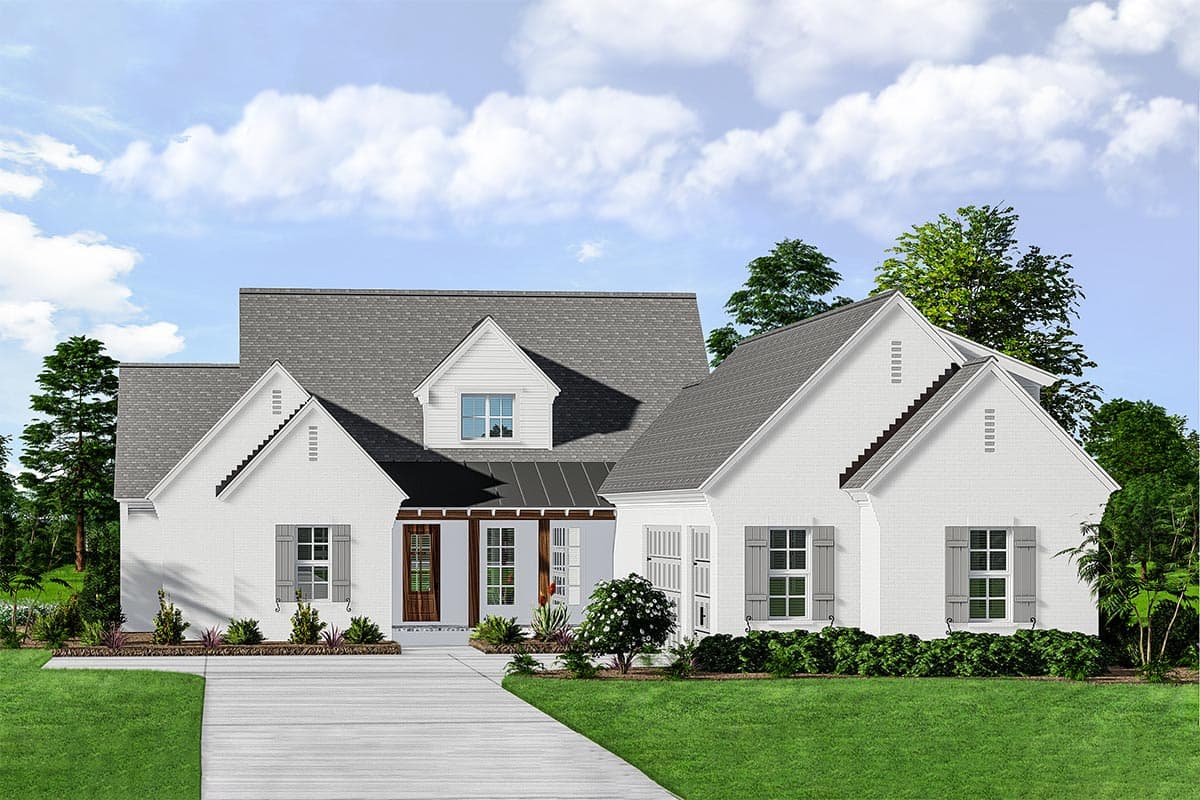 House plan exterior rendering, Modern Farmhouse style. Two-story home with multiple gables, a covered porch, and a gray shingle roof.