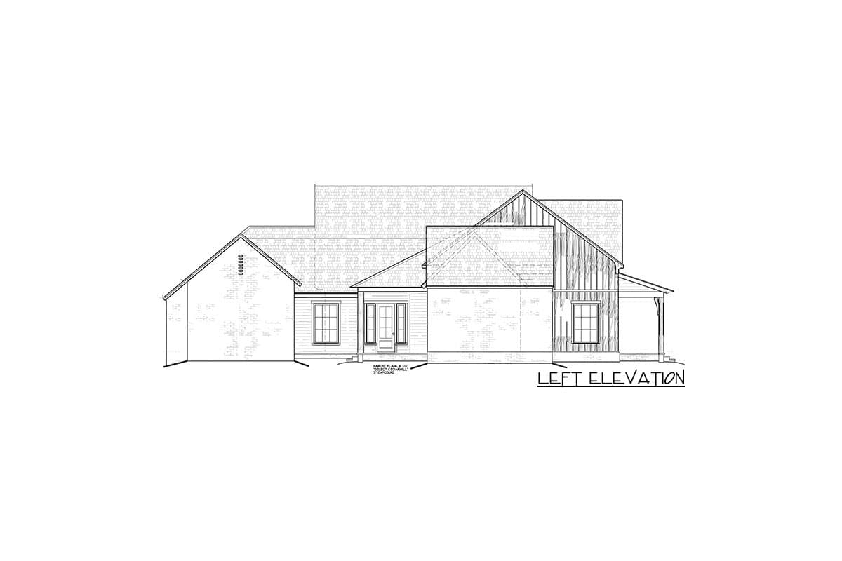 Left elevation house plan drawing with multiple gables, a covered entry, and a dormer.