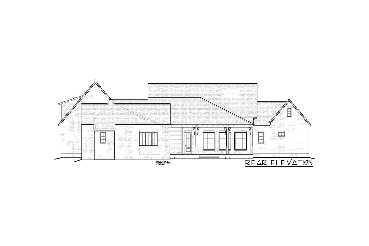 Rear elevation of a house plan showing a covered porch with columns, multiple windows, and varied rooflines.