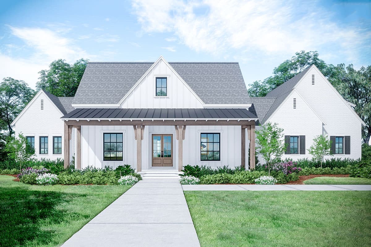 House plan exterior. Modern Farmhouse style with a two-story layout. Features include a front porch, multiple gables, and a prominent roofline.