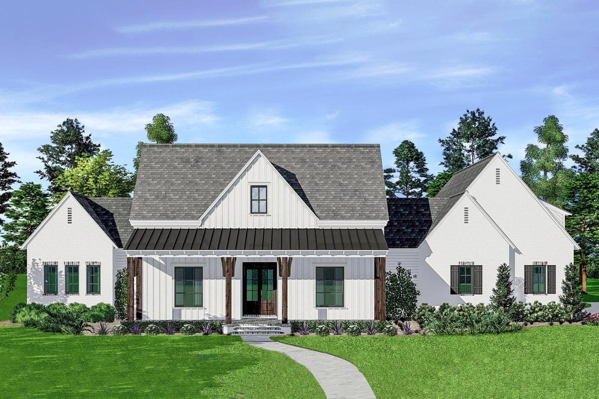 House plan exterior: Modern Farmhouse style, one story, with a metal gable roof porch supported by wood columns and board-and-batten siding.