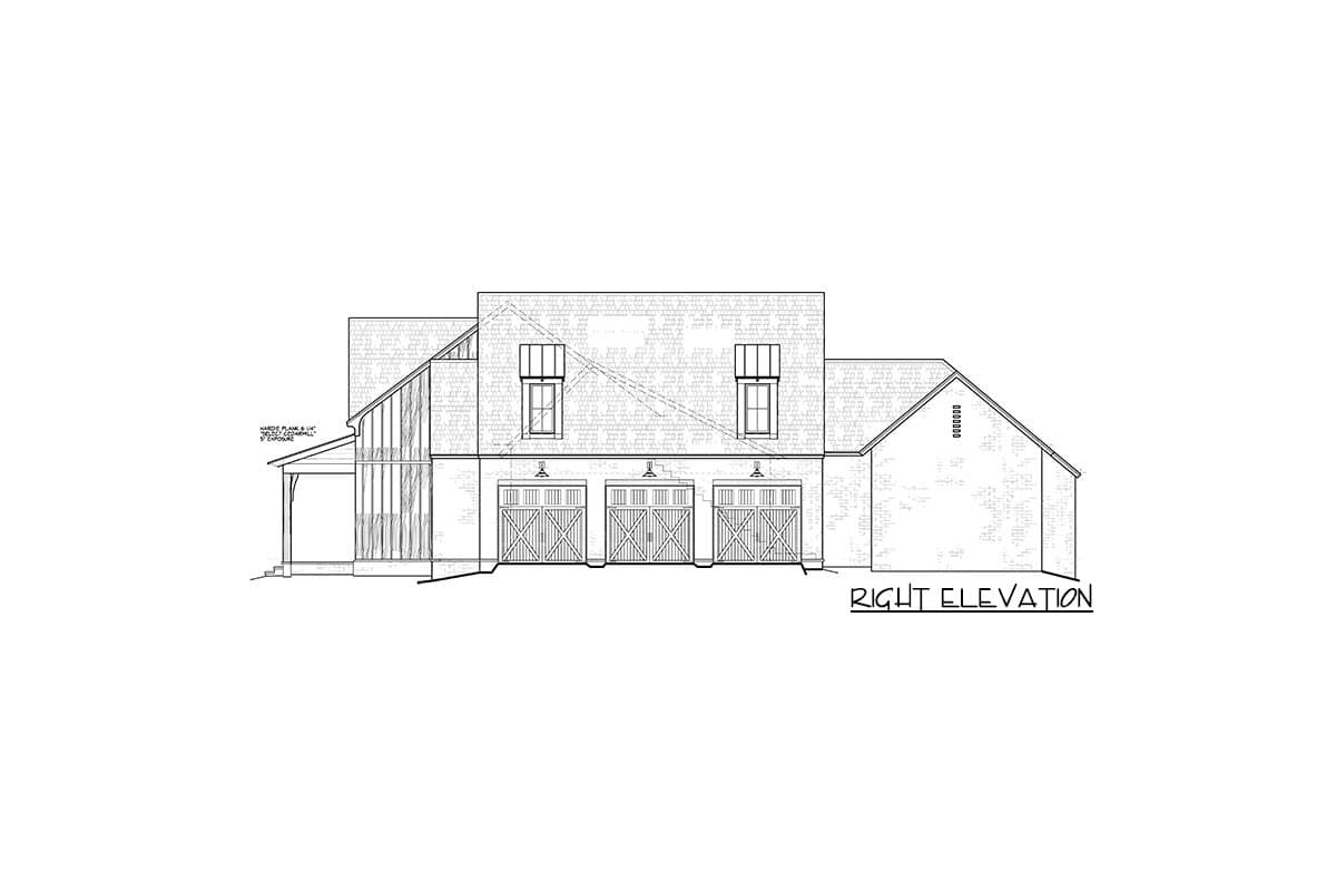 Right elevation house plan with three garage doors, dormers, and a covered porch.