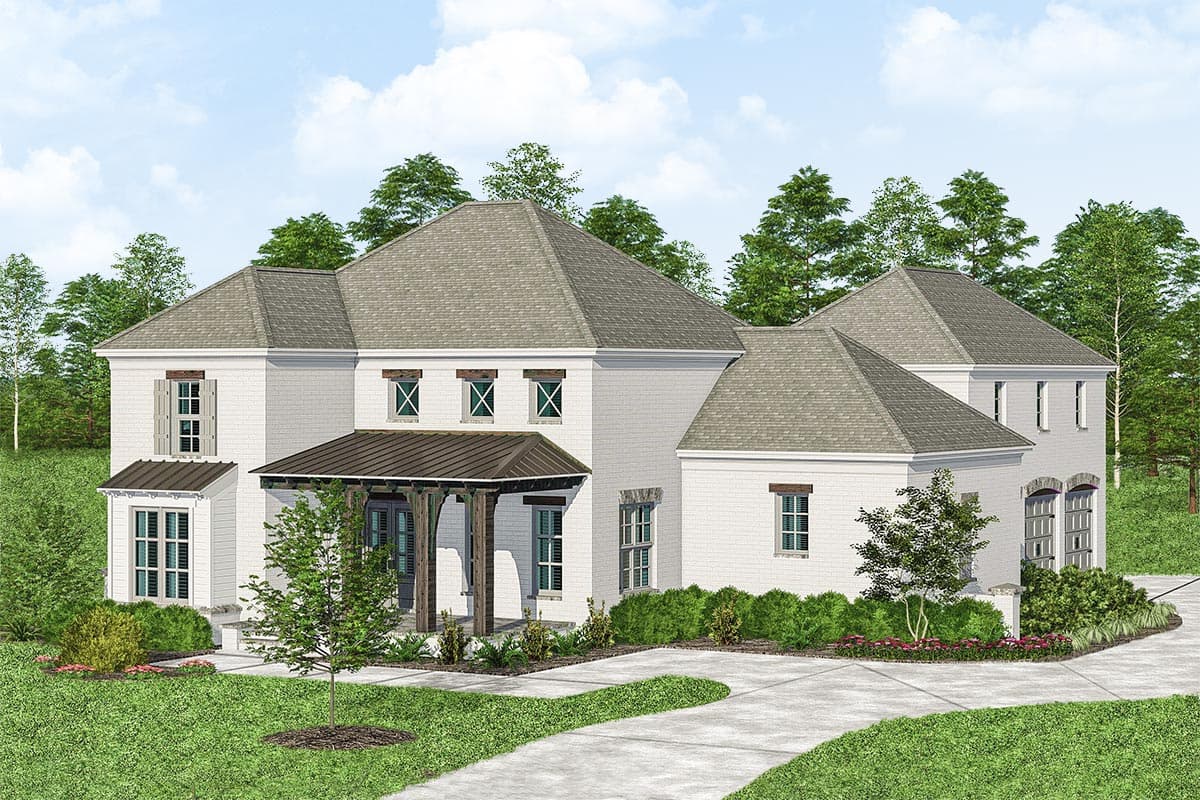 House plan exterior of a two-story home with a covered porch, multiple gables, and brick facade.