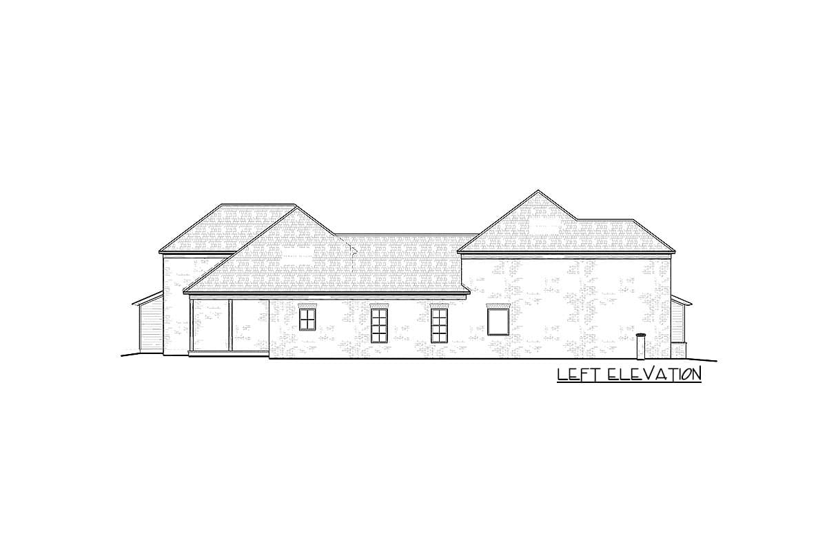 Left elevation drawing of a single-story house plan with varied rooflines, brick exterior, and multiple windows.