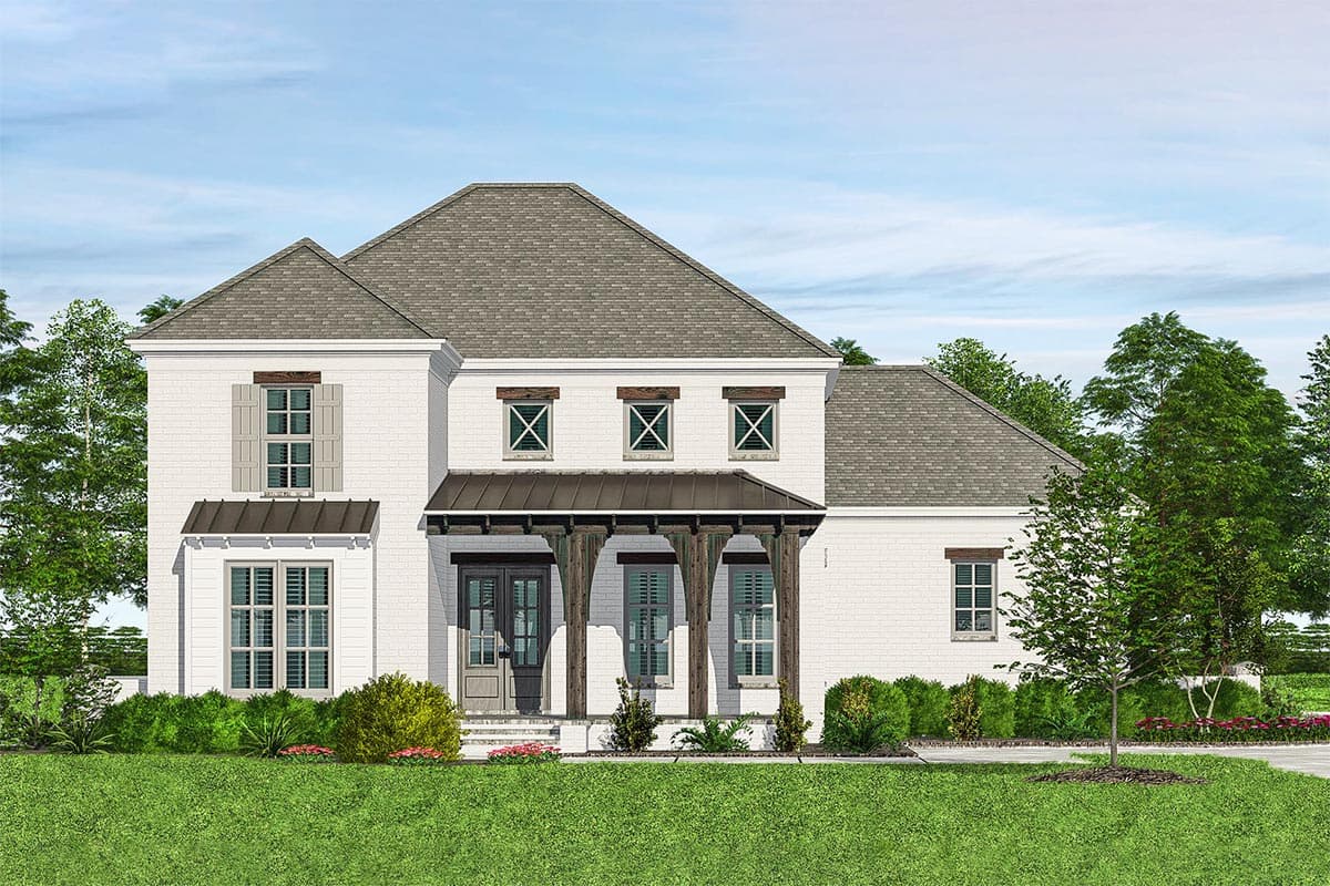 House plan exterior. Two-story home with a gabled roof, prominent front porch, and dormers. Features include shuttered windows and wood columns.