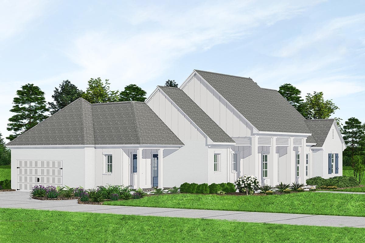 House plan exterior: Modern Farmhouse style, one story, with a detached garage, gable rooflines, and a covered entryway with columns.
