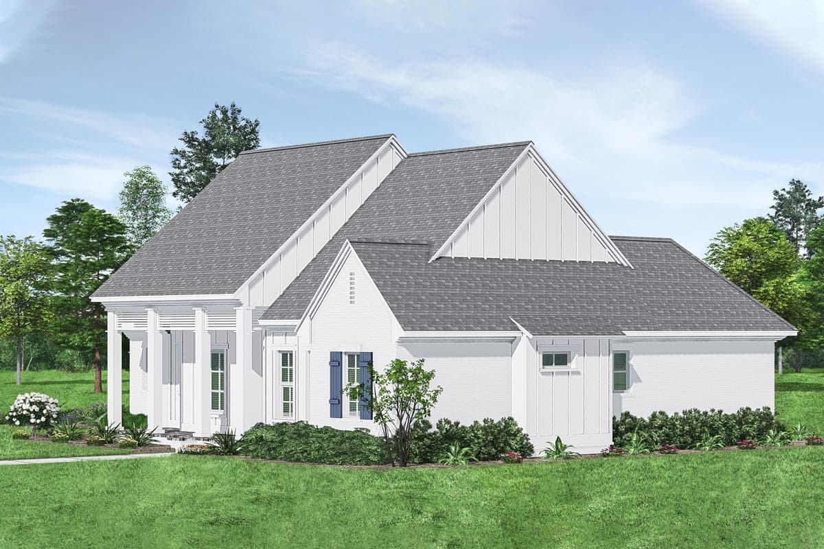 Modern Farmhouse house plan exterior with a prominent gable, covered porch with columns, and a single-car garage door.