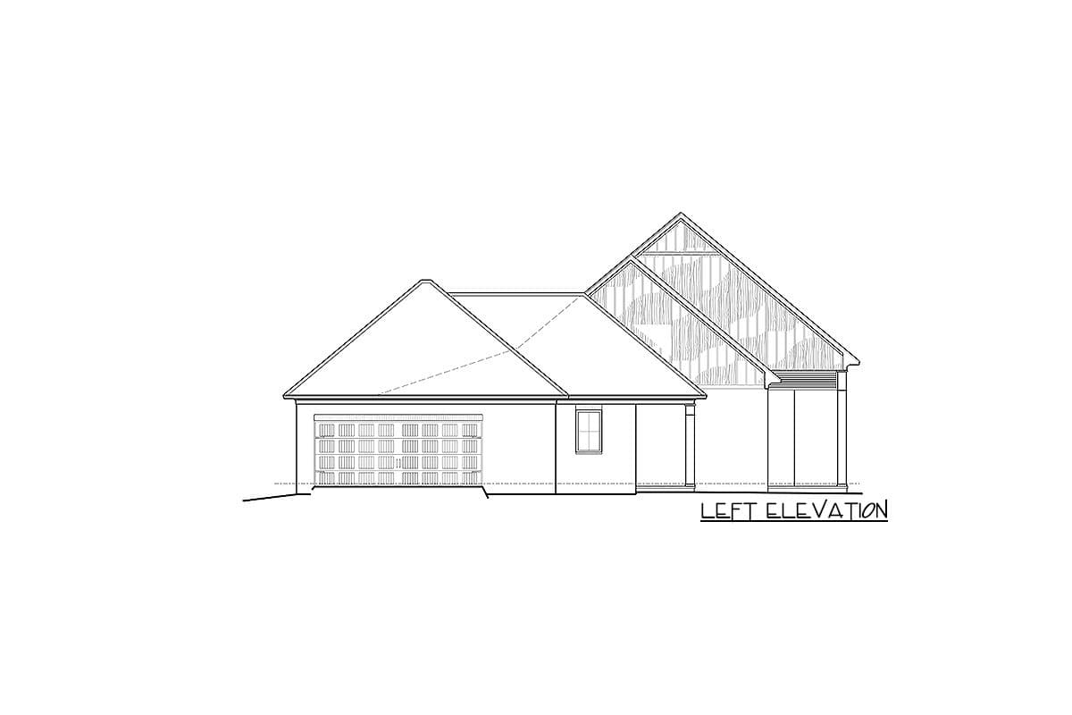 Left elevation drawing of a house plan showing a multi-level roofline, a two-car garage, and a single window.