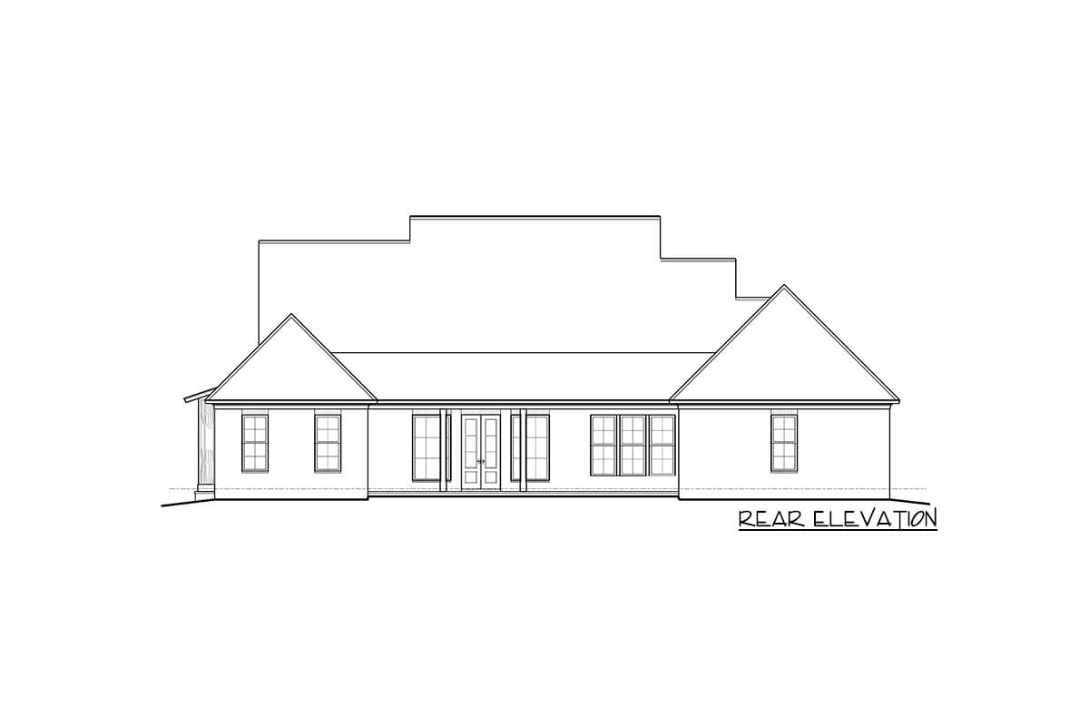 Rear elevation drawing of a one-story house plan with a layered roofline, central double doors, and multiple windows.