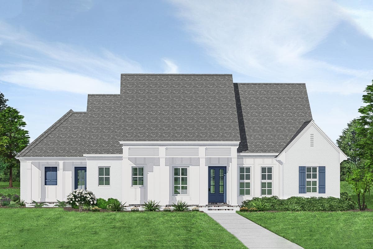 House plan exterior featuring a one-story, farmhouse-style home with a front porch, gabled roof, and symmetrical window arrangement.