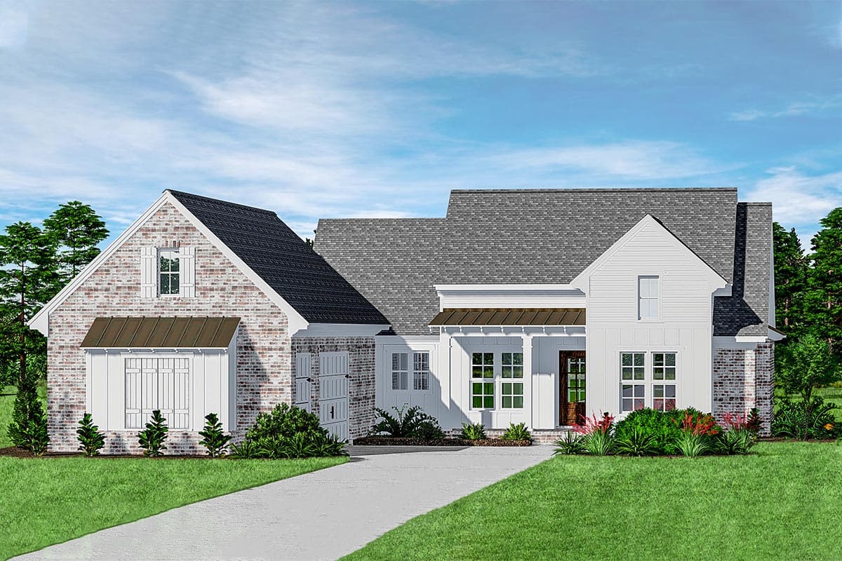 House plan exterior with board and batten siding, brick accents, covered porch, and gabled rooflines. Includes attached garage.