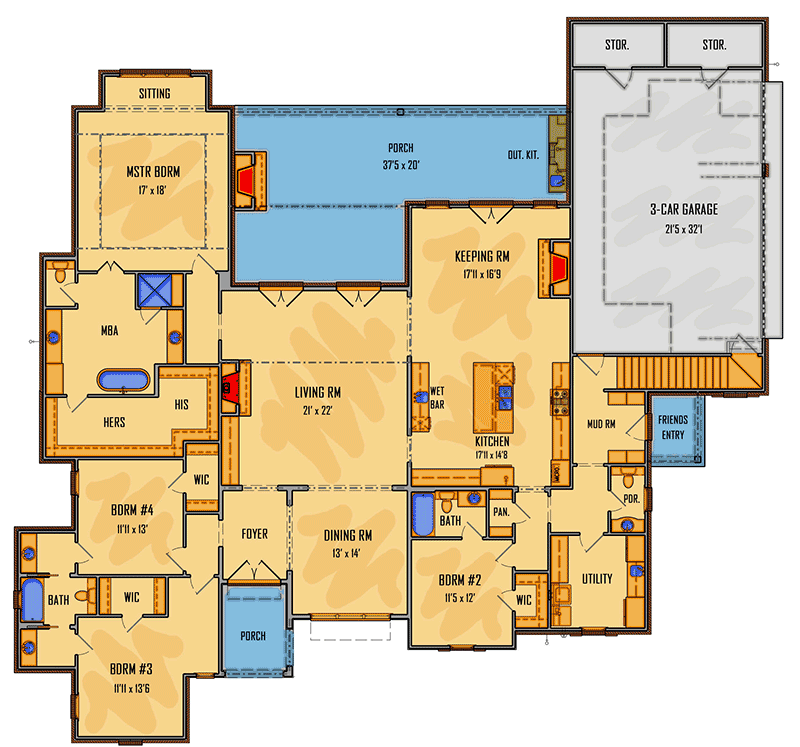 Plan 510078WDY: 4-Bed French Country House Plan with Bonus Room above Garage - Floor Plan - Main Level - Acadian, Country, European, French Country, Hill Country, Louisiana-Style, Southern