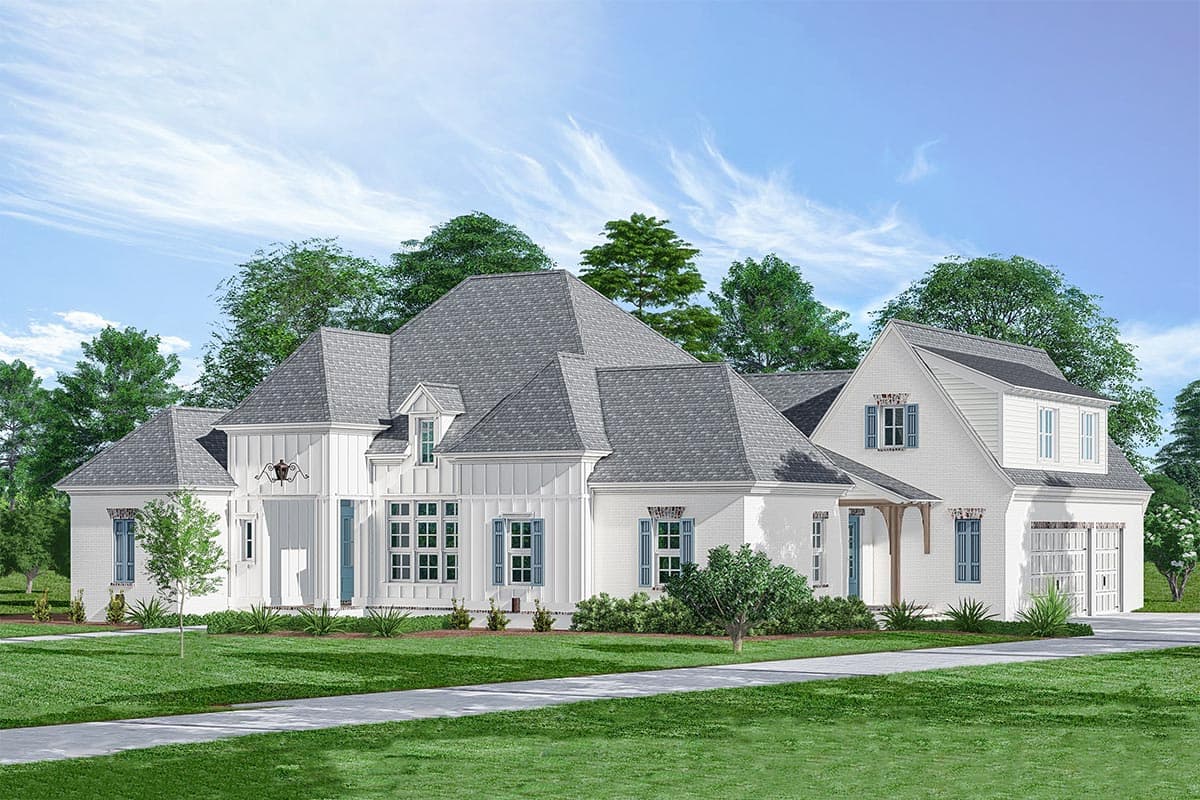House plan exterior featuring a two-story farmhouse style with gabled roof, dormers, and a garage. Includes brick accents and shuttered windows.