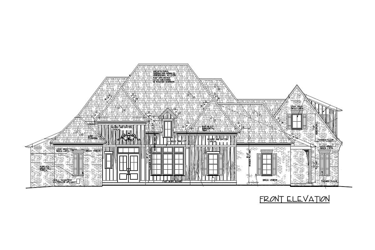 Front elevation house plan drawing with brick veneer, board and batten siding, multiple gables, and a prominent roofline.