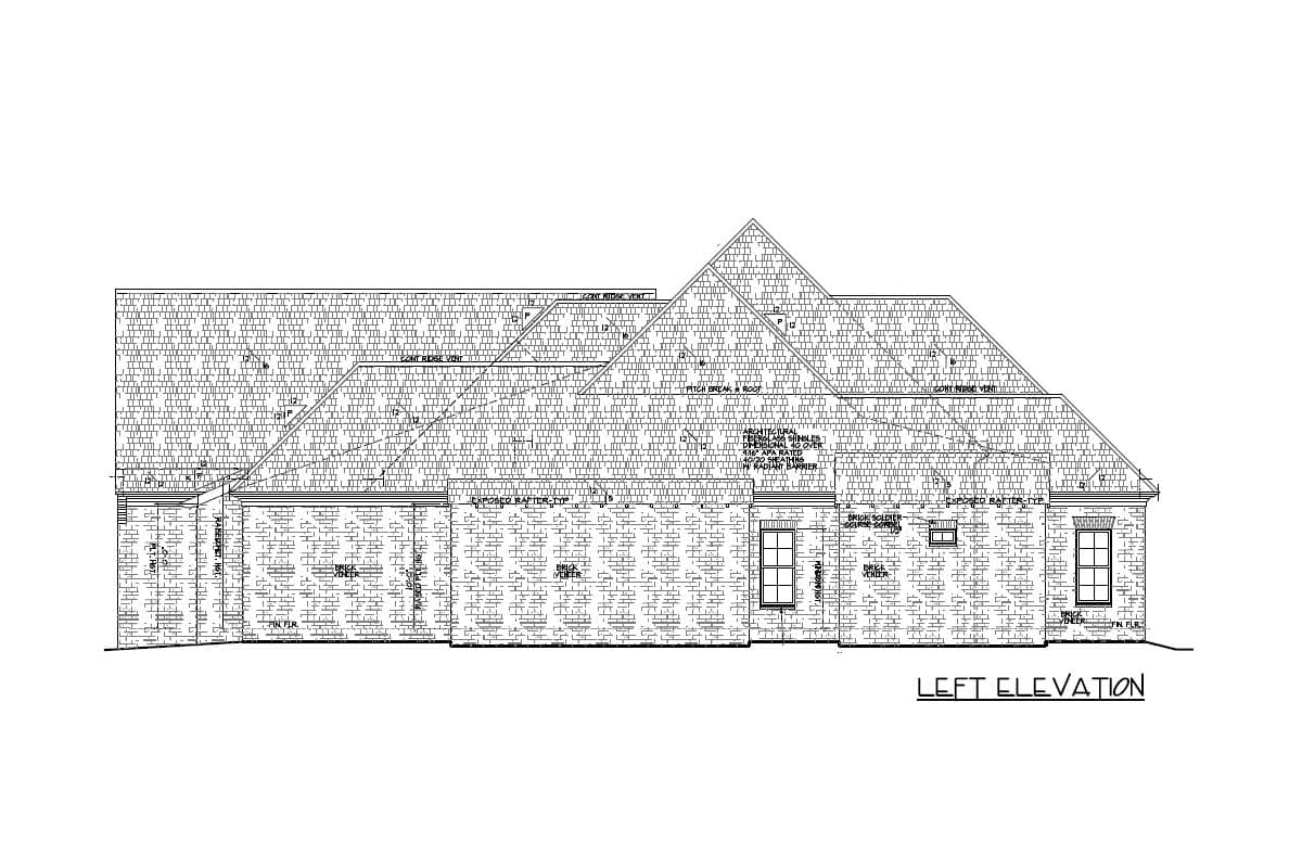Left elevation drawing of a house plan, featuring brick veneer and a multi-level roof with architectural shingles.