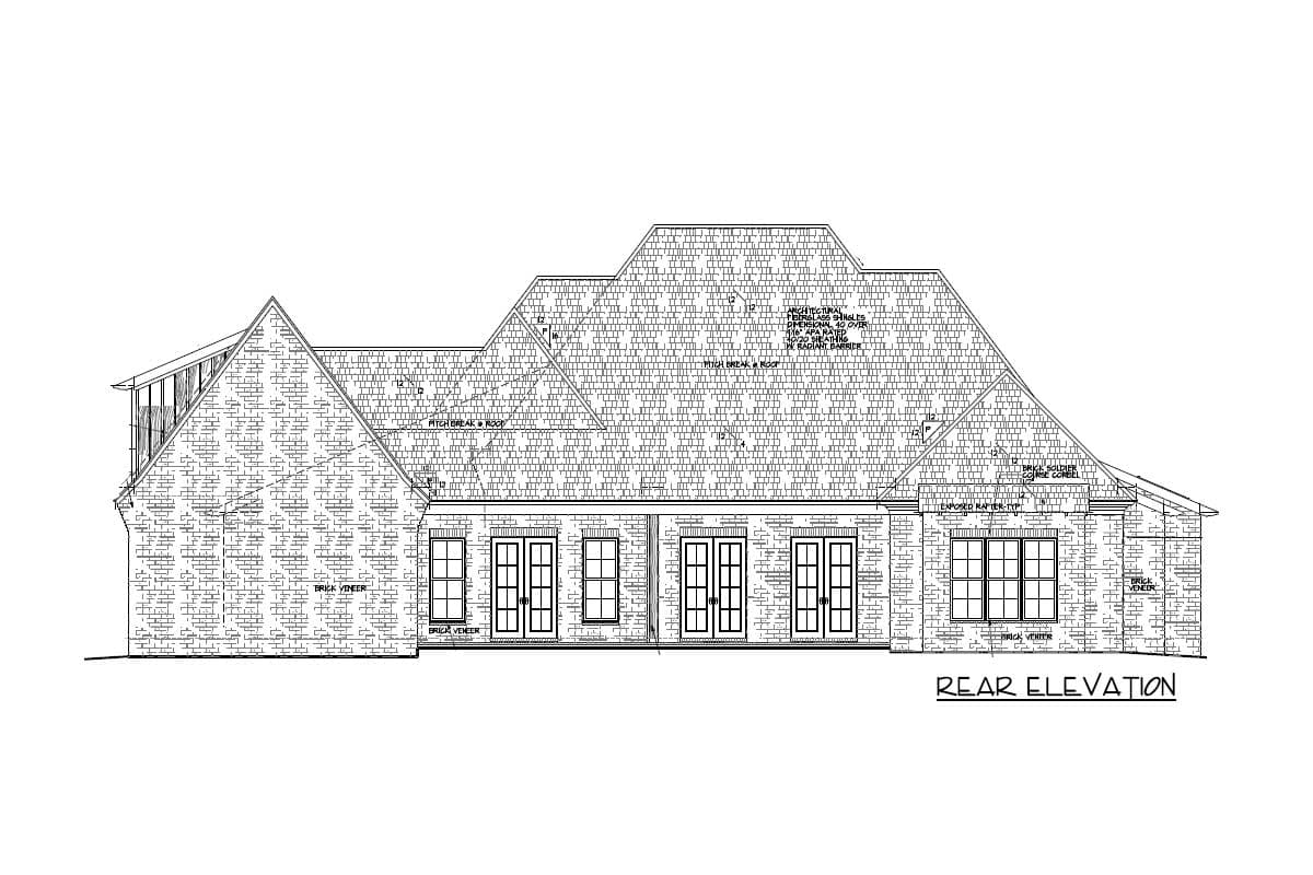 Rear elevation house plan with brick veneer, multiple gables, and varied roof pitches.