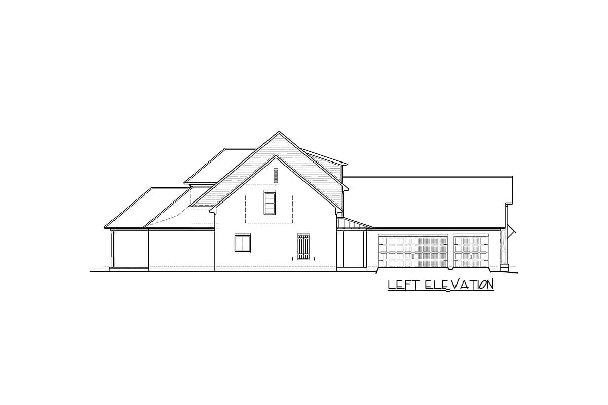 Left elevation drawing of a house plan showing a two-car garage, covered porch, and varied rooflines.