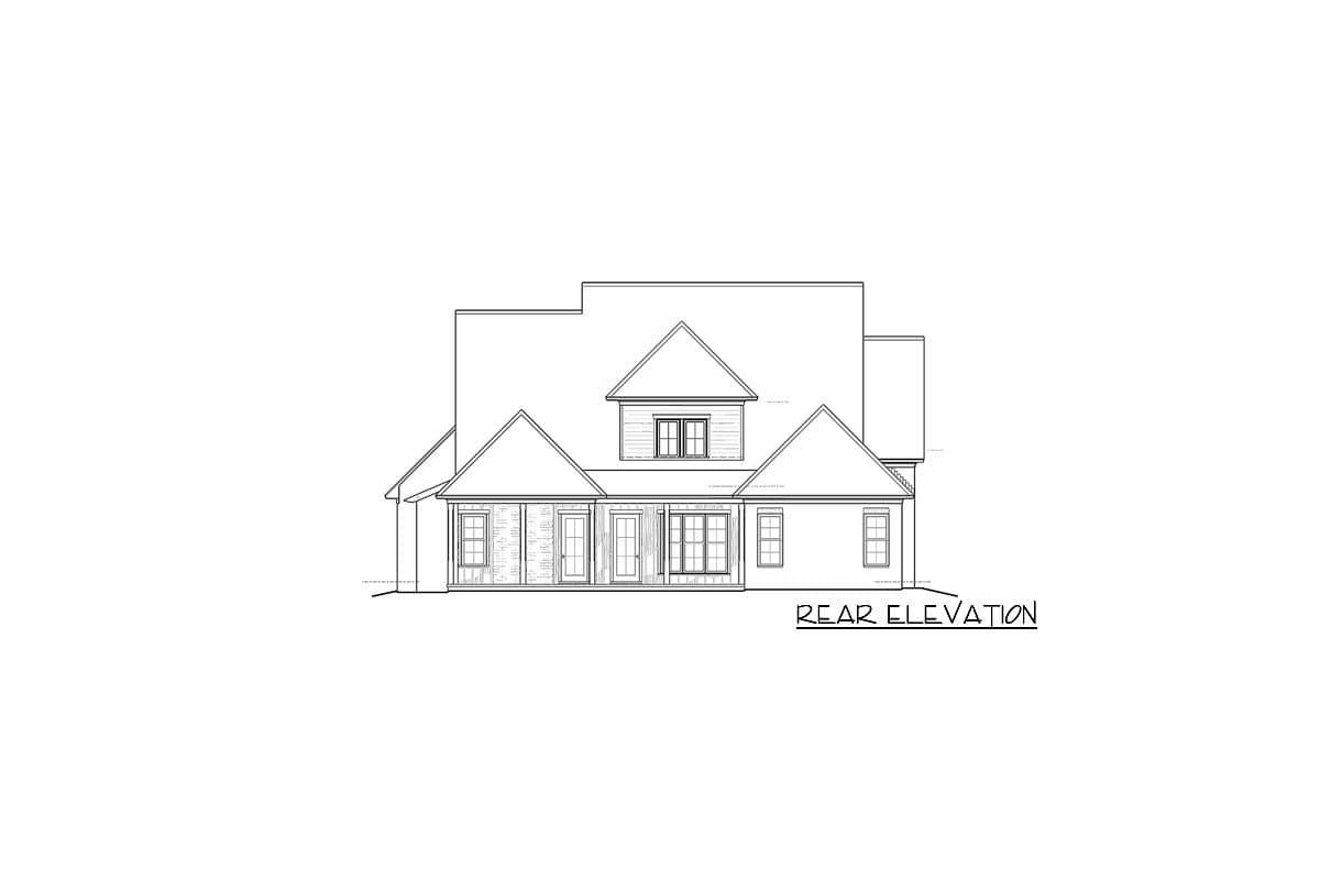 Rear elevation drawing of a two-story house plan with a covered porch, dormer, and multiple gables.