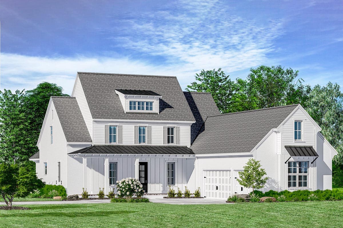House plan exterior. Two-story Modern Farmhouse with a front porch, dormers, and a gabled roof. Includes an attached garage and shed roof awnings.