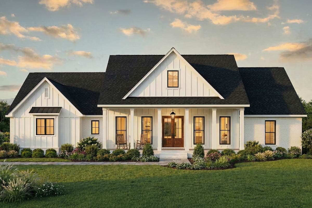 Modern Farmhouse house plan exterior with a prominent gable, wide porch with columns, and board and batten siding.