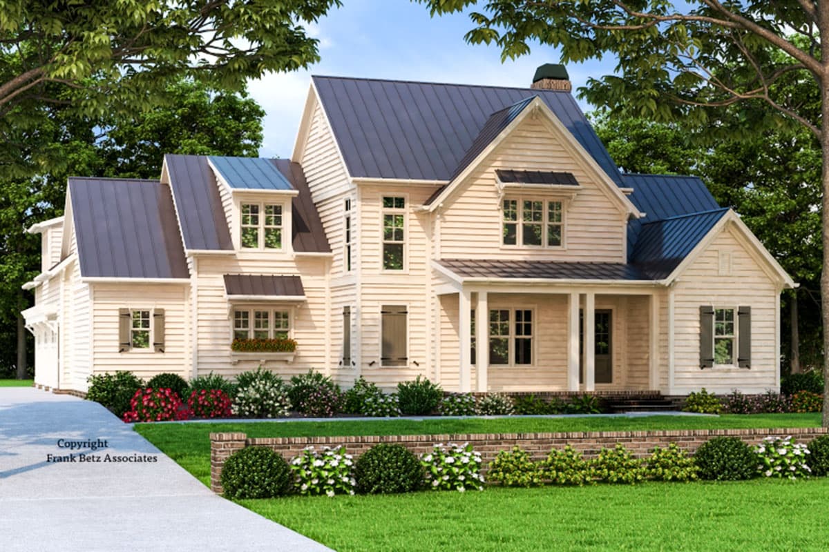 House plan exterior rendering. Two-story Modern Farmhouse with gables, dormers, a front porch, and a dark metal roof.