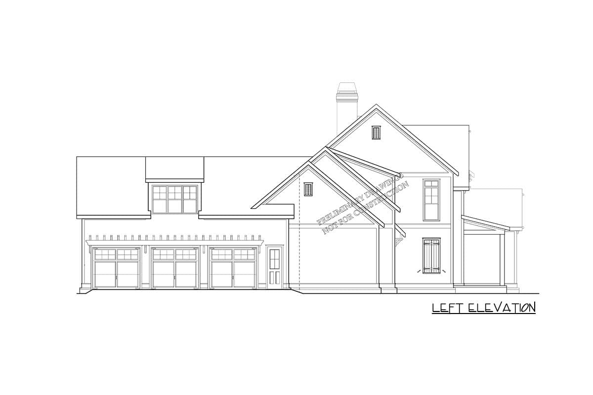 Left elevation drawing of a house plan featuring a three-car garage, dormer, and covered porch.