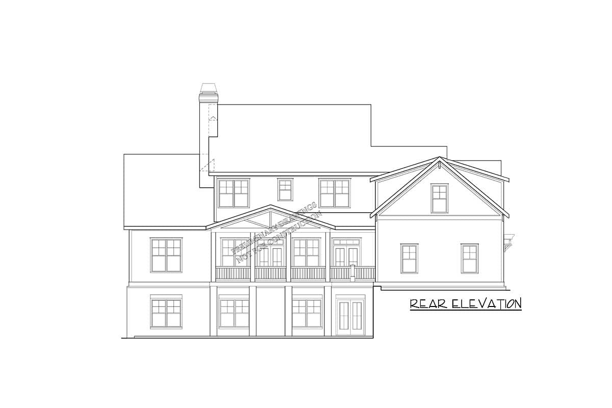 Rear elevation house plan showing a two-story structure with a covered porch, multiple gables, and a prominent chimney.