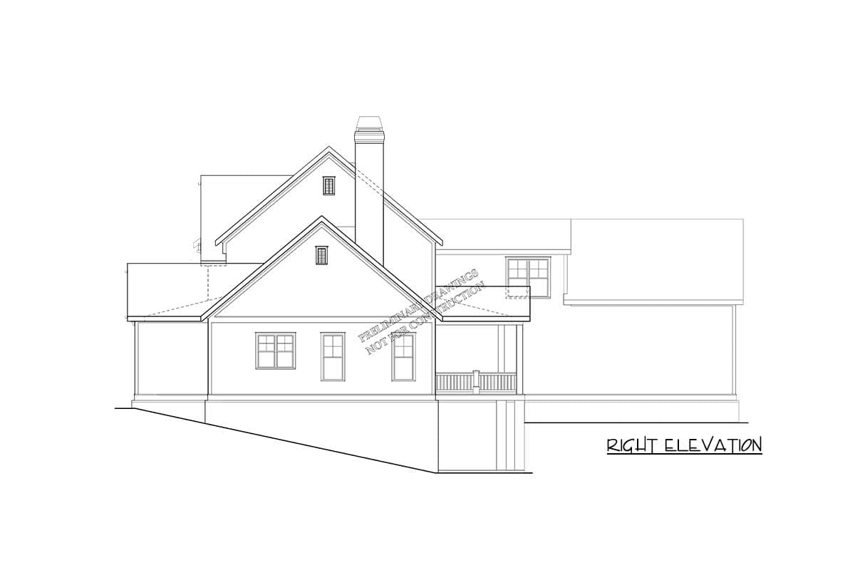 House plan right elevation showing multiple gables, a chimney, and a covered porch with railing.