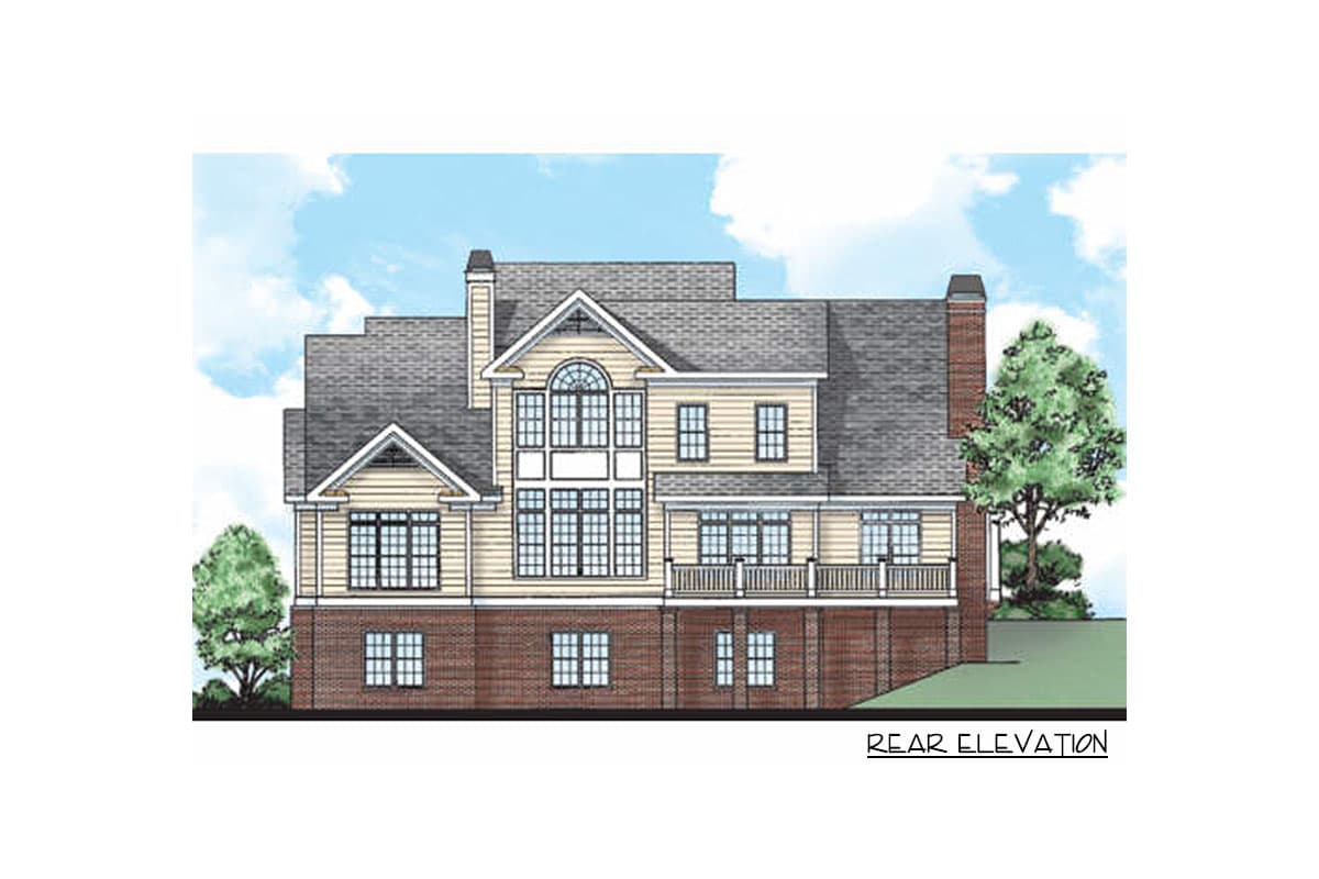 Rear elevation house plan with brick base, central multi-story window section, gables, and deck.