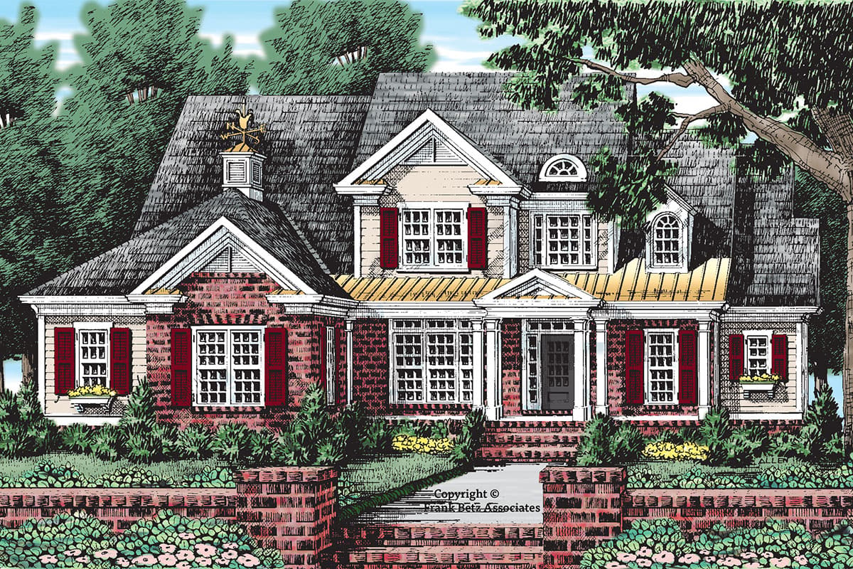 House plan exterior with two stories, a brick facade, multiple gables, and decorative shutters; featuring a small cupola and dormer windows.