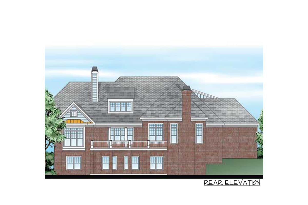 Rear elevation drawing of a multi-story brick house with gables, dormers, a second-story balcony, and multiple windows.