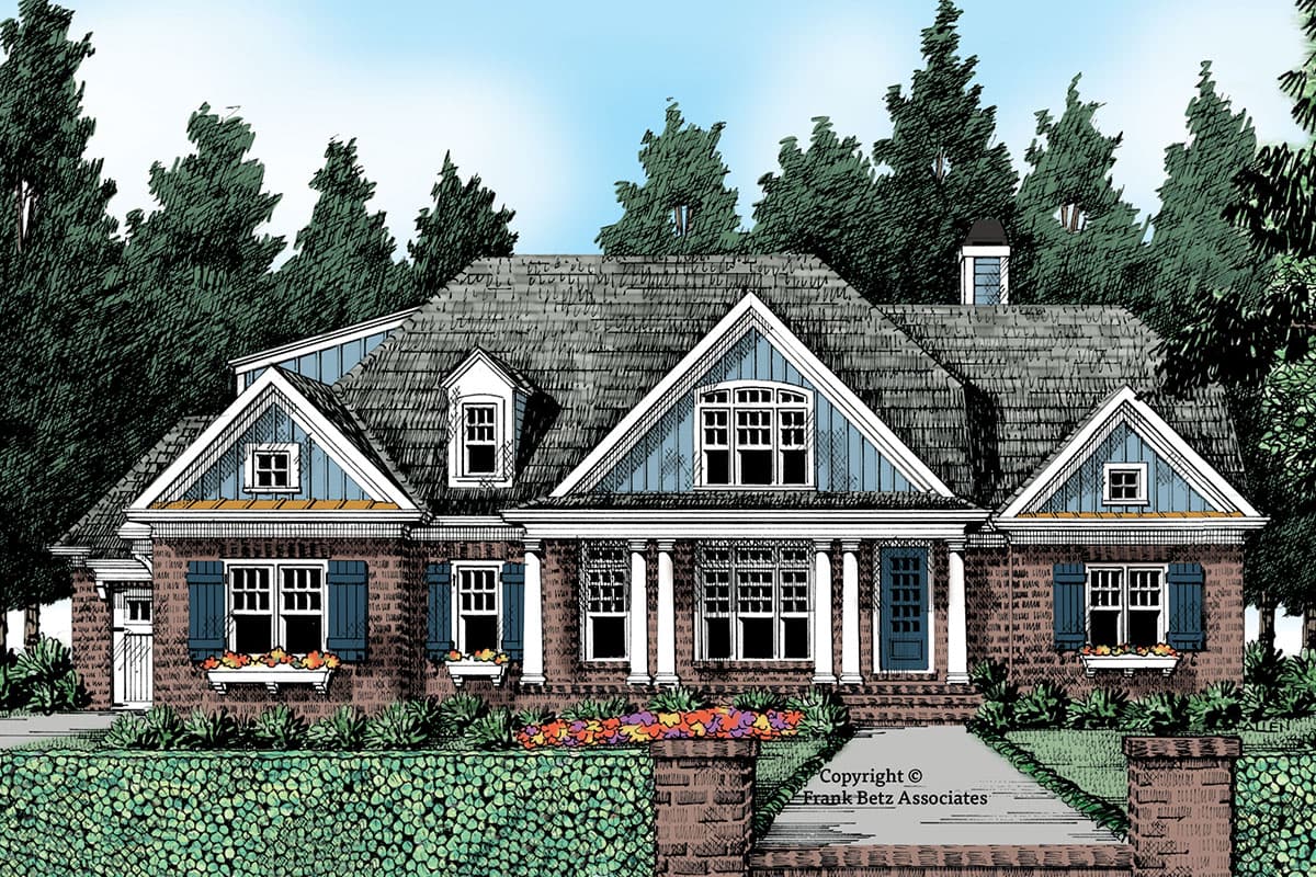 House plan exterior. Two-story with gable roof, dormers, and brick facade. Features include a front porch with columns and shuttered windows.