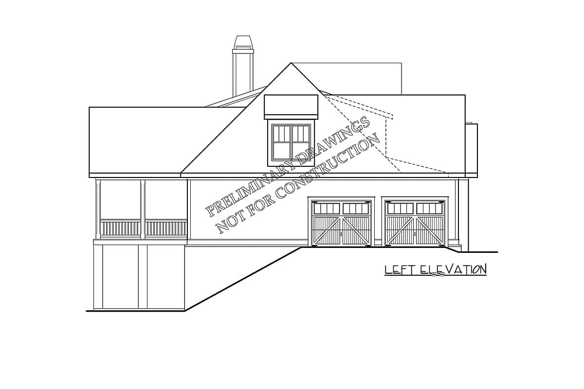 Left elevation house plan showing a covered porch, dormer, chimney, and a two-car garage.