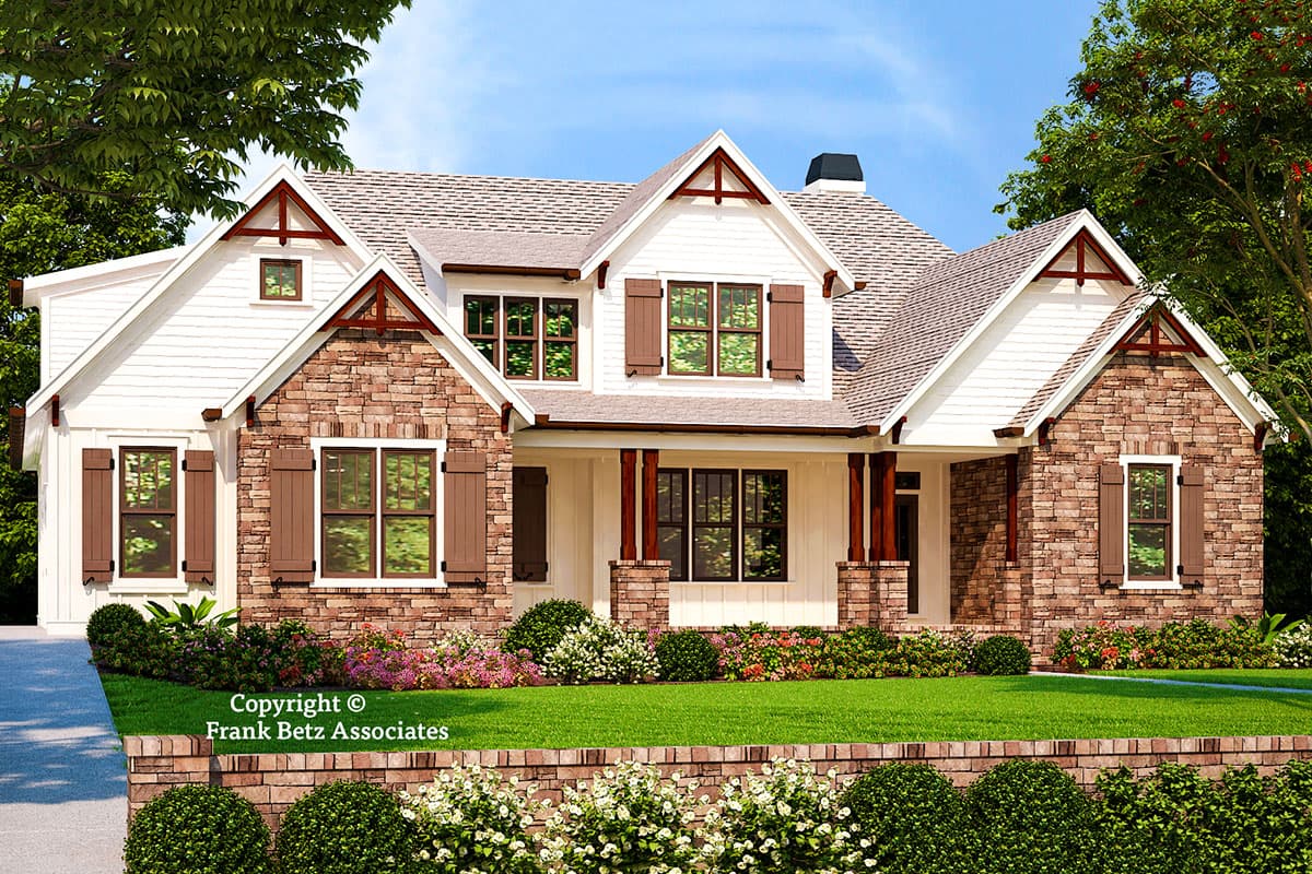 House plan exterior featuring Craftsman style, two stories, gable roof, stone accents, and a front porch with columns.