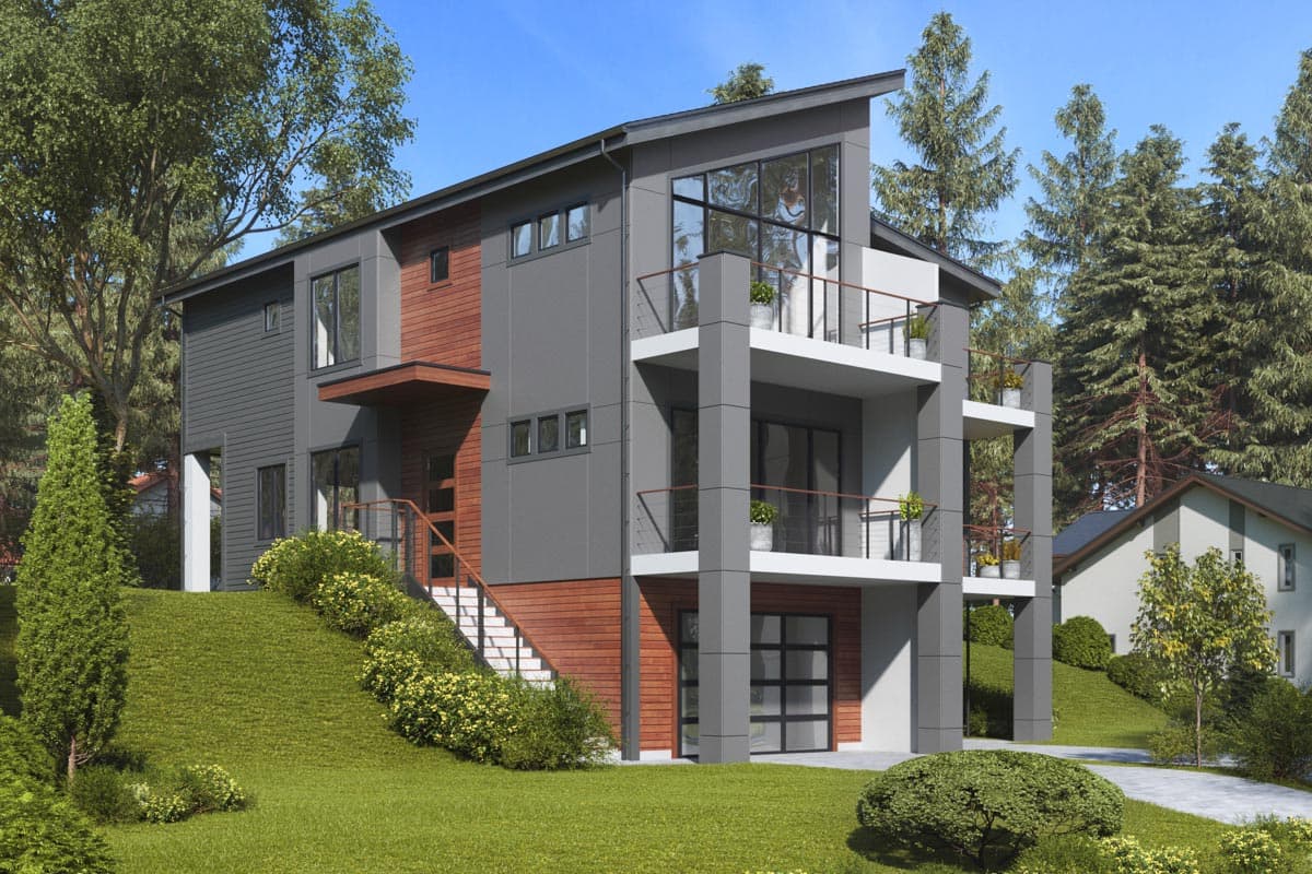 Modern house plan exterior with asymmetrical rooflines, multiple balconies, large windows, and a garage on a sloped lot.