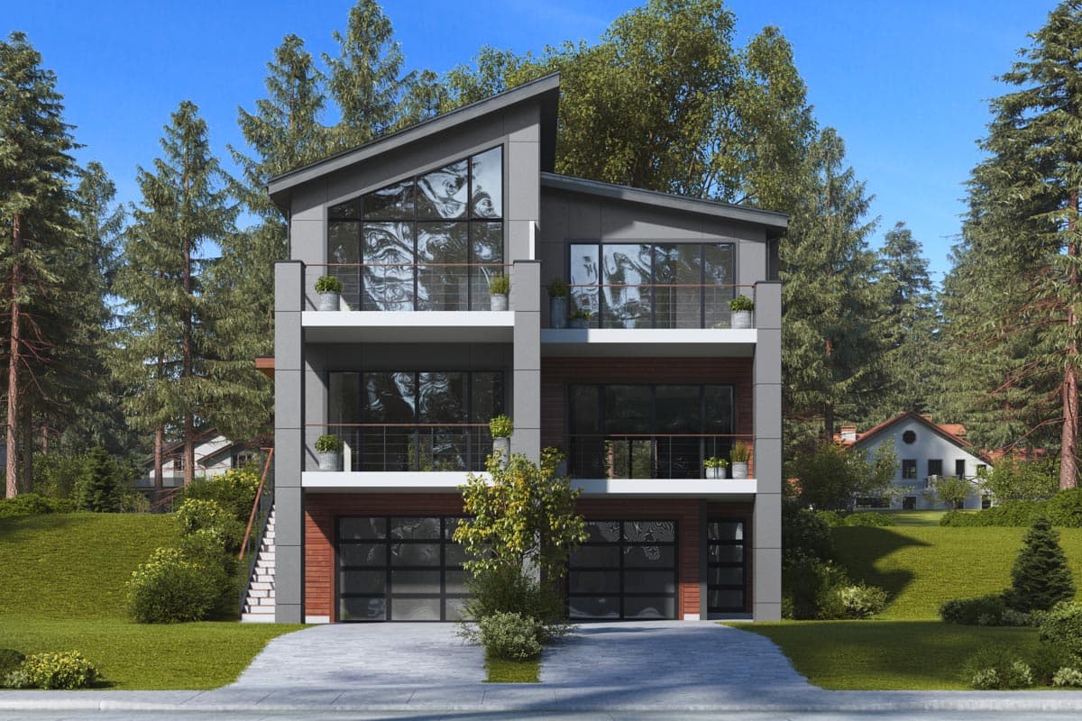House plan exterior. Modern style, two-story home with balconies, large windows, and a flat roof. Two-car garage is visible.