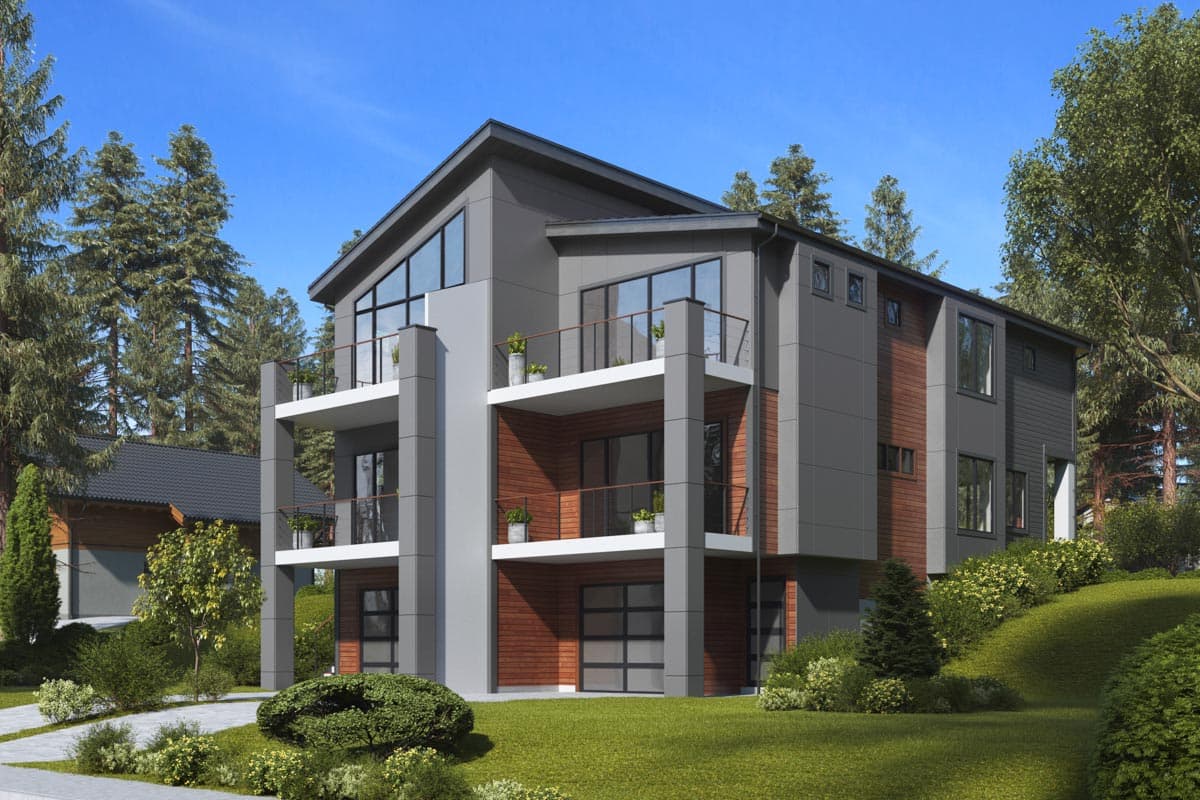Modern three-story house plan exterior with multiple balconies, a large gable window, and a two-car garage.