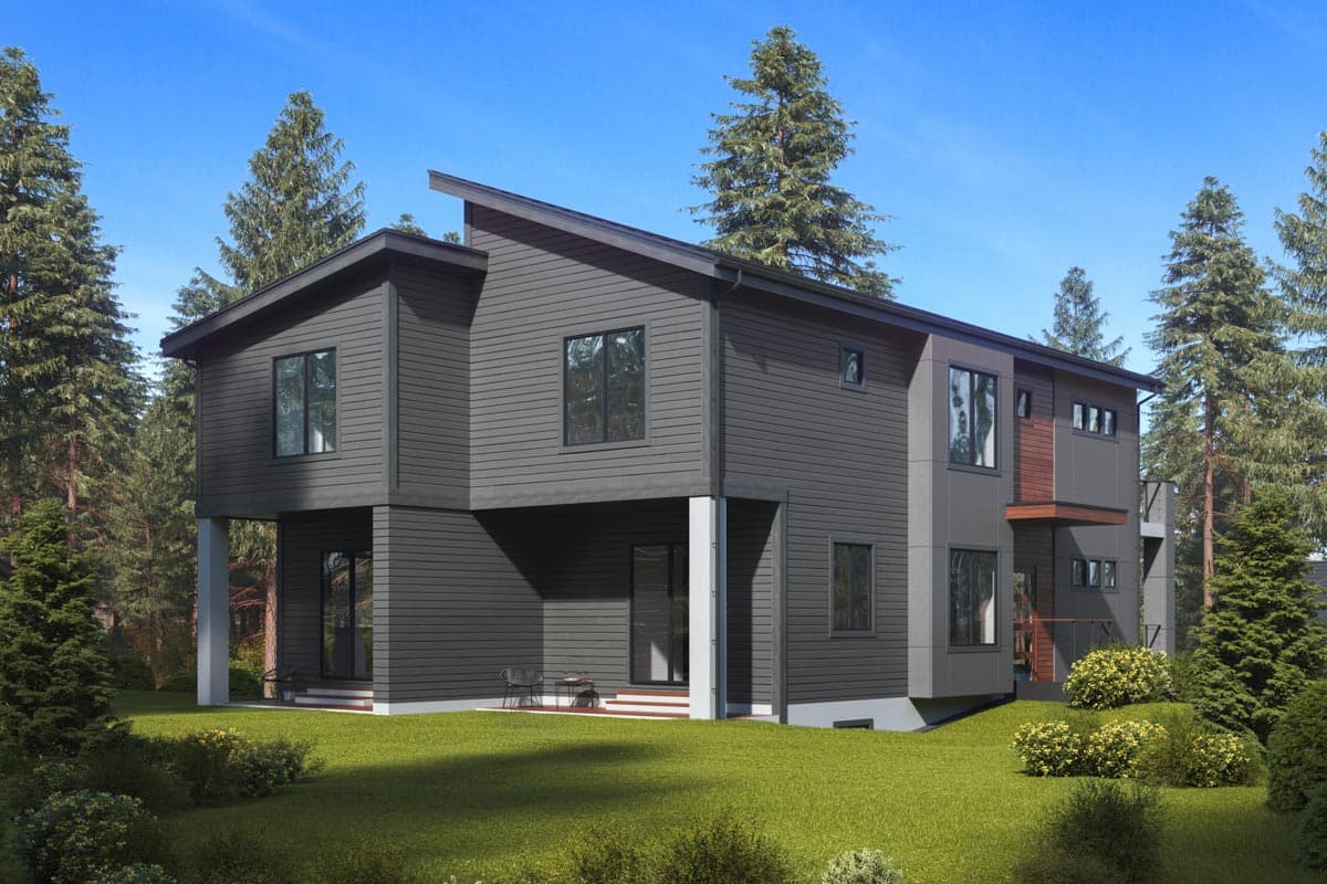 Modern house plan exterior featuring a two-story design with a flat roof, large windows, and covered lower level.
