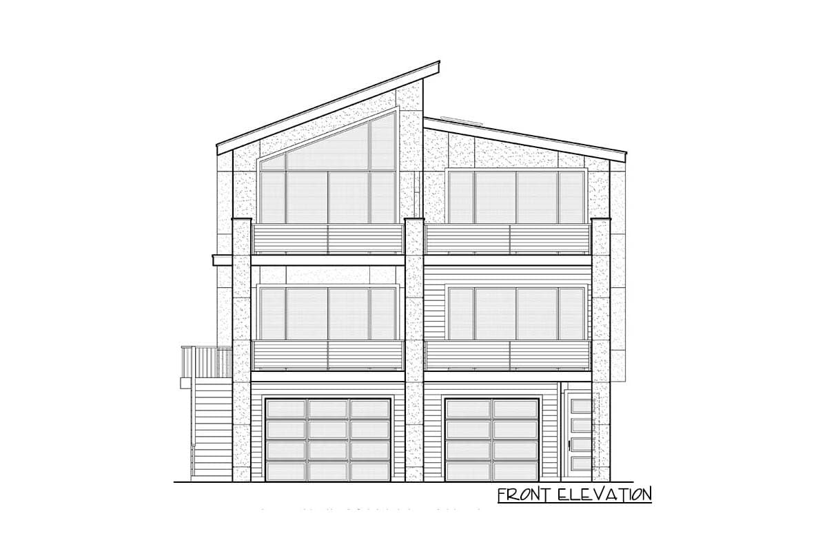 Front elevation drawing of a modern house plan with two garage doors, multiple balconies, and a prominent asymmetrical roofline.