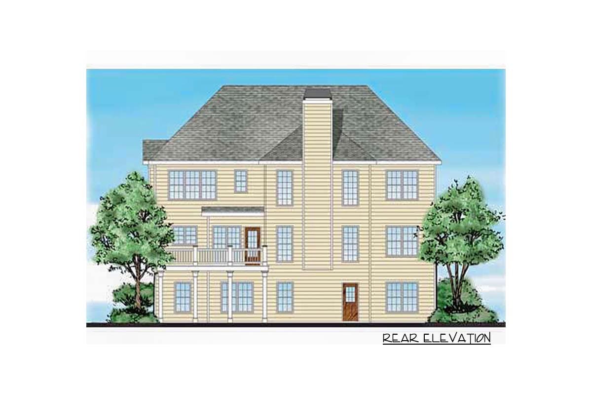 Rear elevation drawing of a three-story house plan featuring a prominent central chimney, a second-story deck, and numerous grid-paned windows.